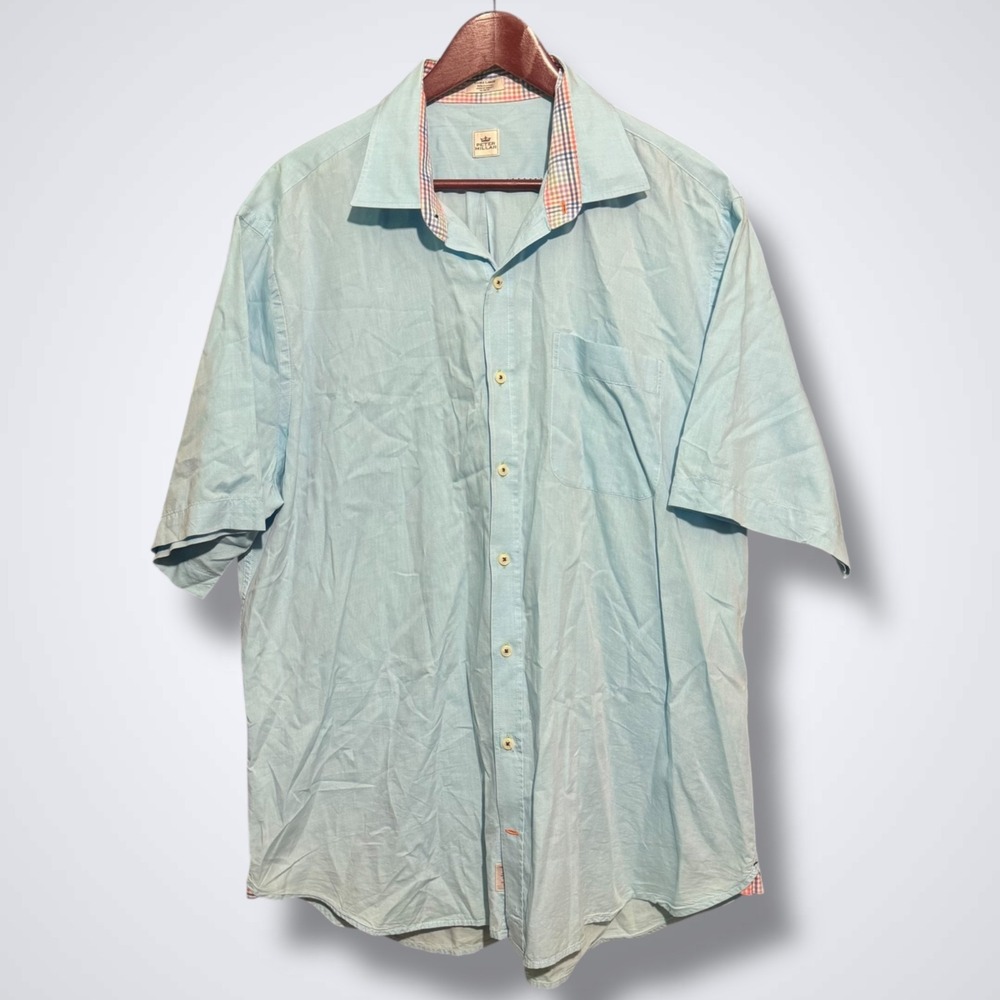 Peter Millar Shirt Men's Extra Large Solid Blue Short Sleeve Button Down Golf